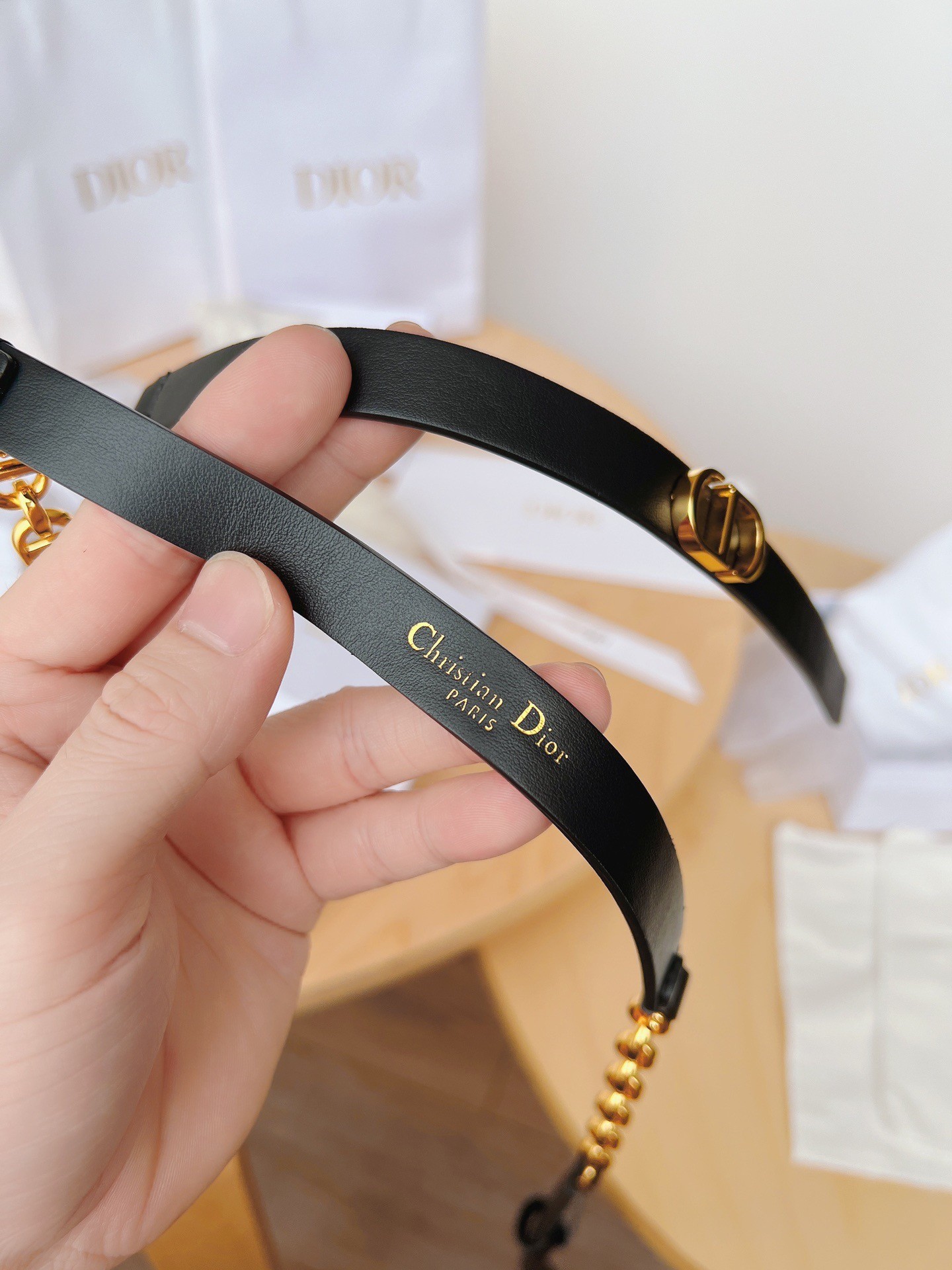 D*or caro 15mm belt in black calfskin and chain
