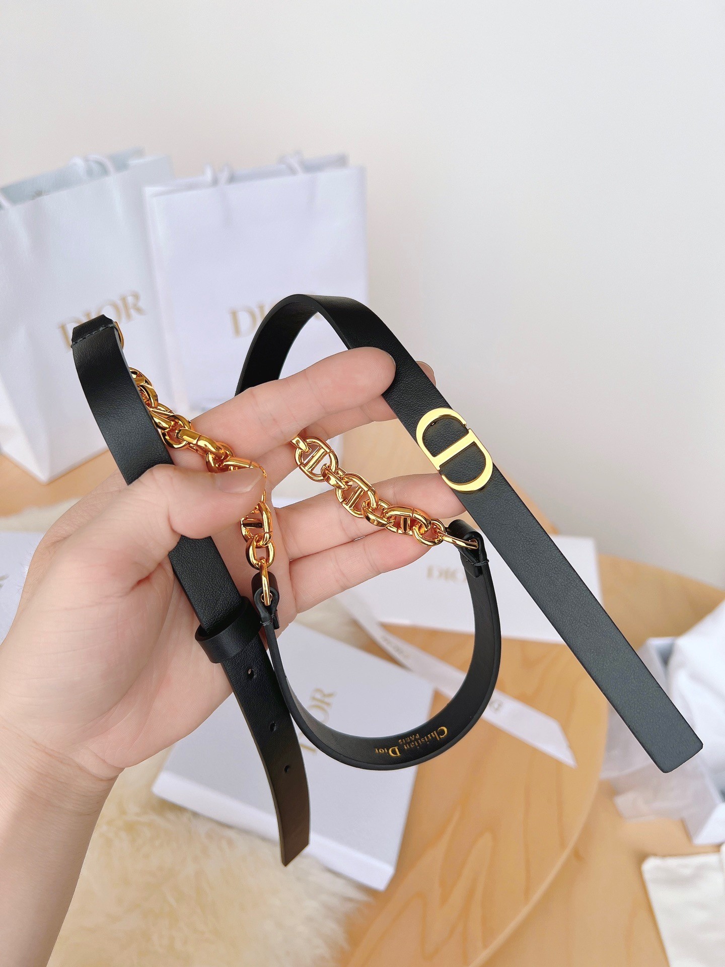 D*or caro 15mm belt in black calfskin and chain