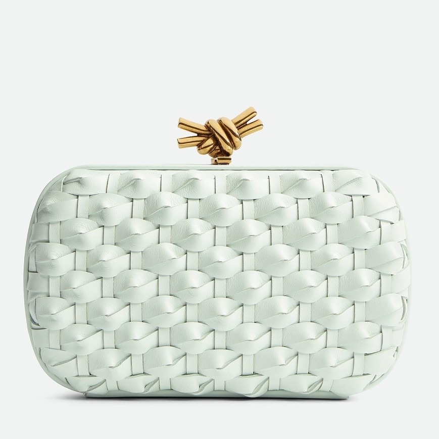 bo*te*ga Ve*ne*ta knot minaudiere clutch in glacier intreccio leather