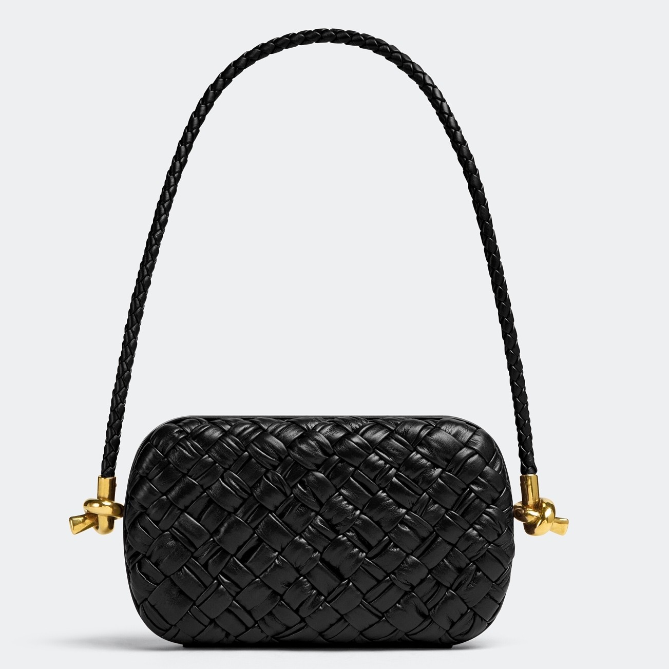 bo*te*ga Ve*ne*ta knot minaudiere on strap in black foulard intreccio leather