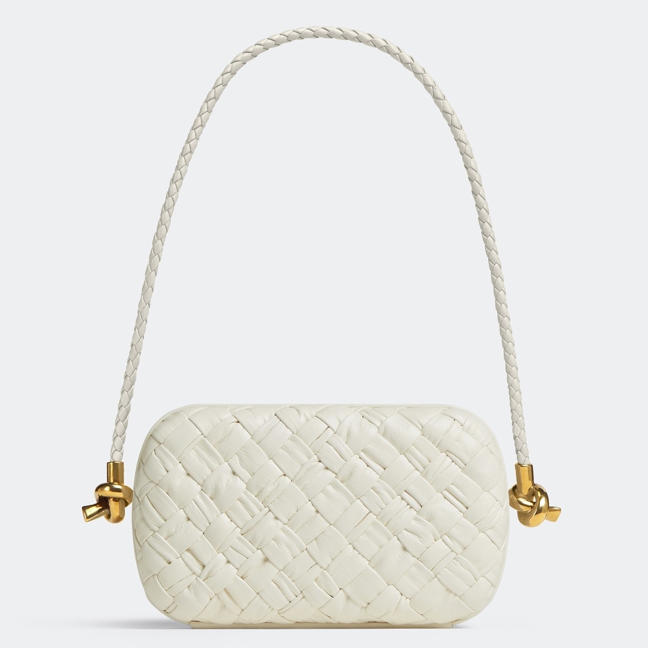 bo*te*ga Ve*ne*ta knot minaudiere on strap in white foulard intreccio leather