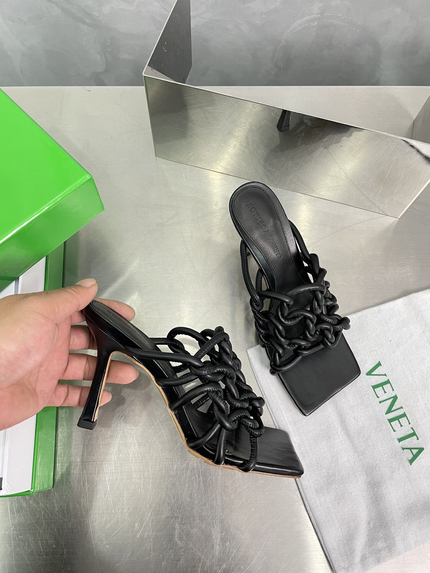 bo*te*ga Ve*ne*ta stretch twist sandals in black lambskin