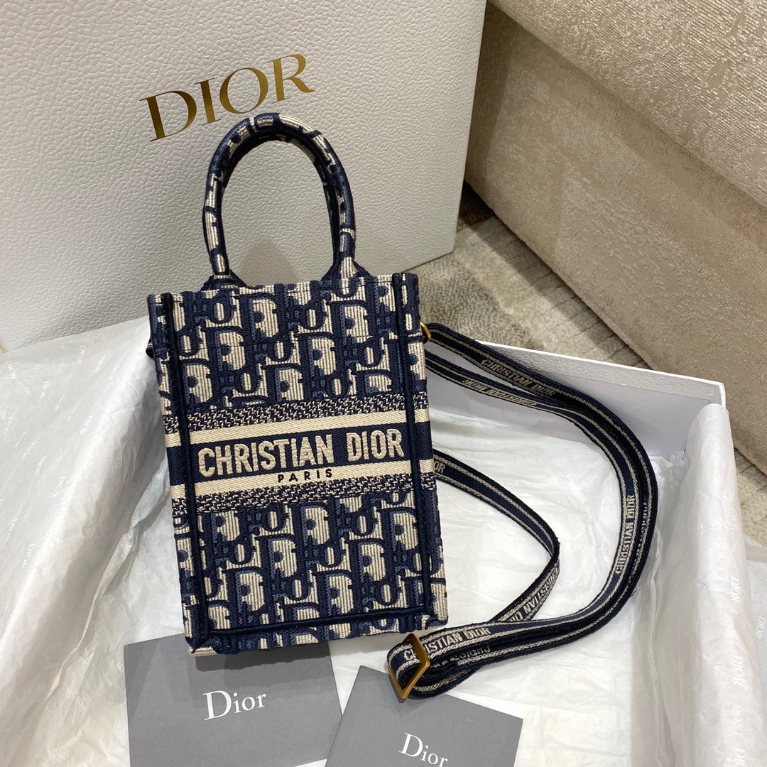 D*or mini book tote phone bag in blue D*or oblique embroidery