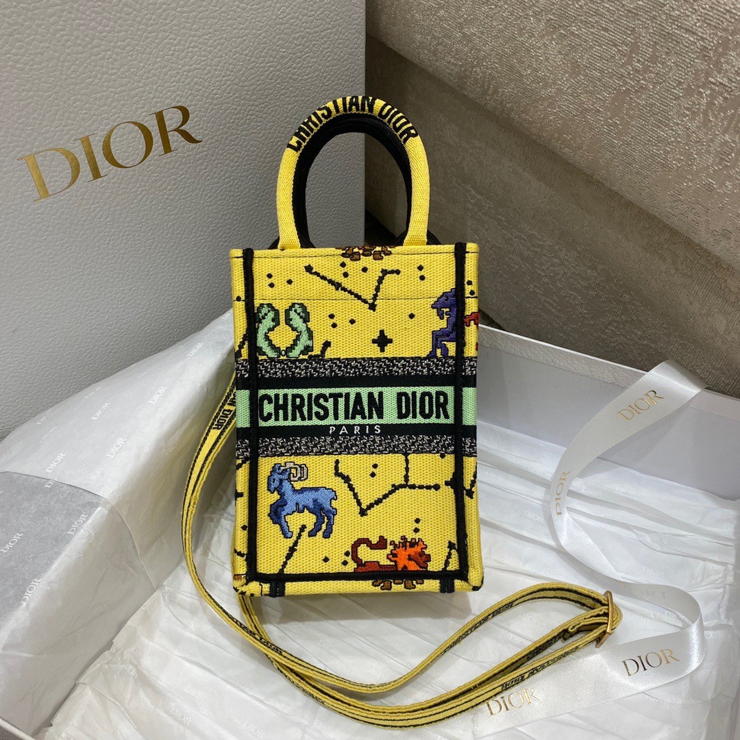 D*or mini book tote phone bag in yellow pixel zodiac embroidery