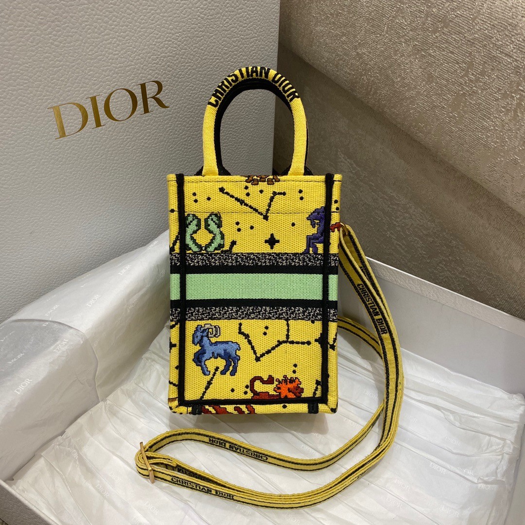 D*or mini book tote phone bag in yellow pixel zodiac embroidery