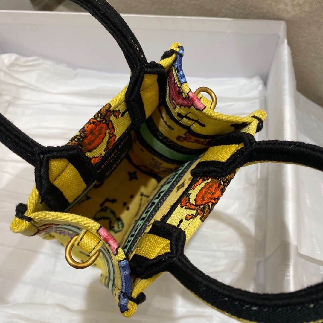 D*or mini book tote phone bag in yellow pixel zodiac embroidery