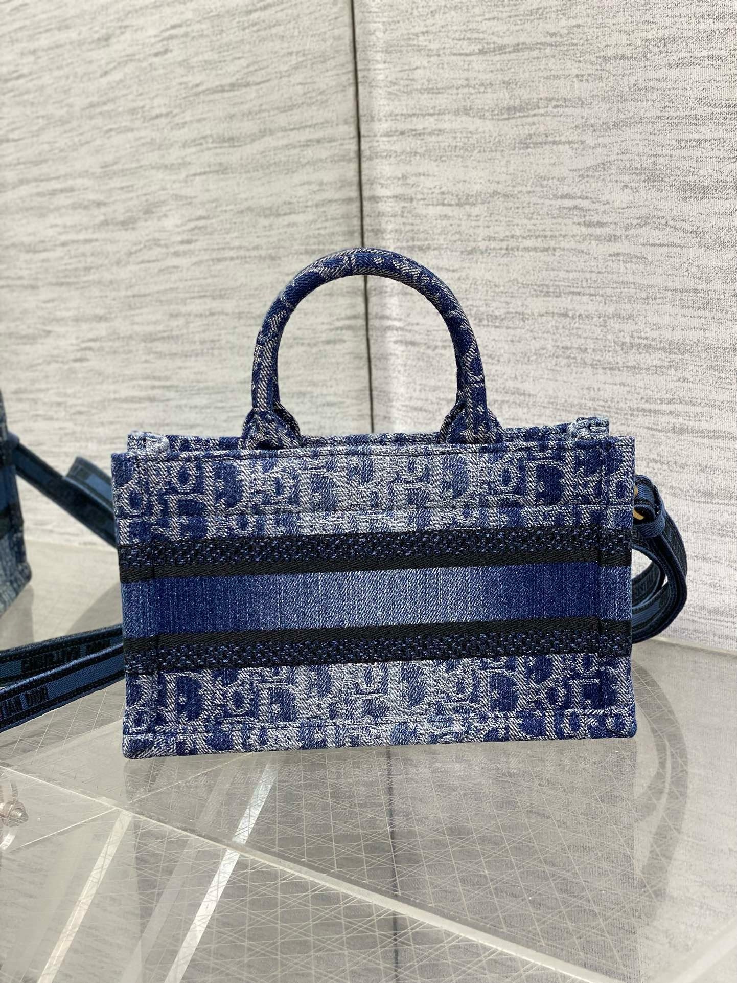 d*or mini book tote with strap in blue De*1m oblique jacquard