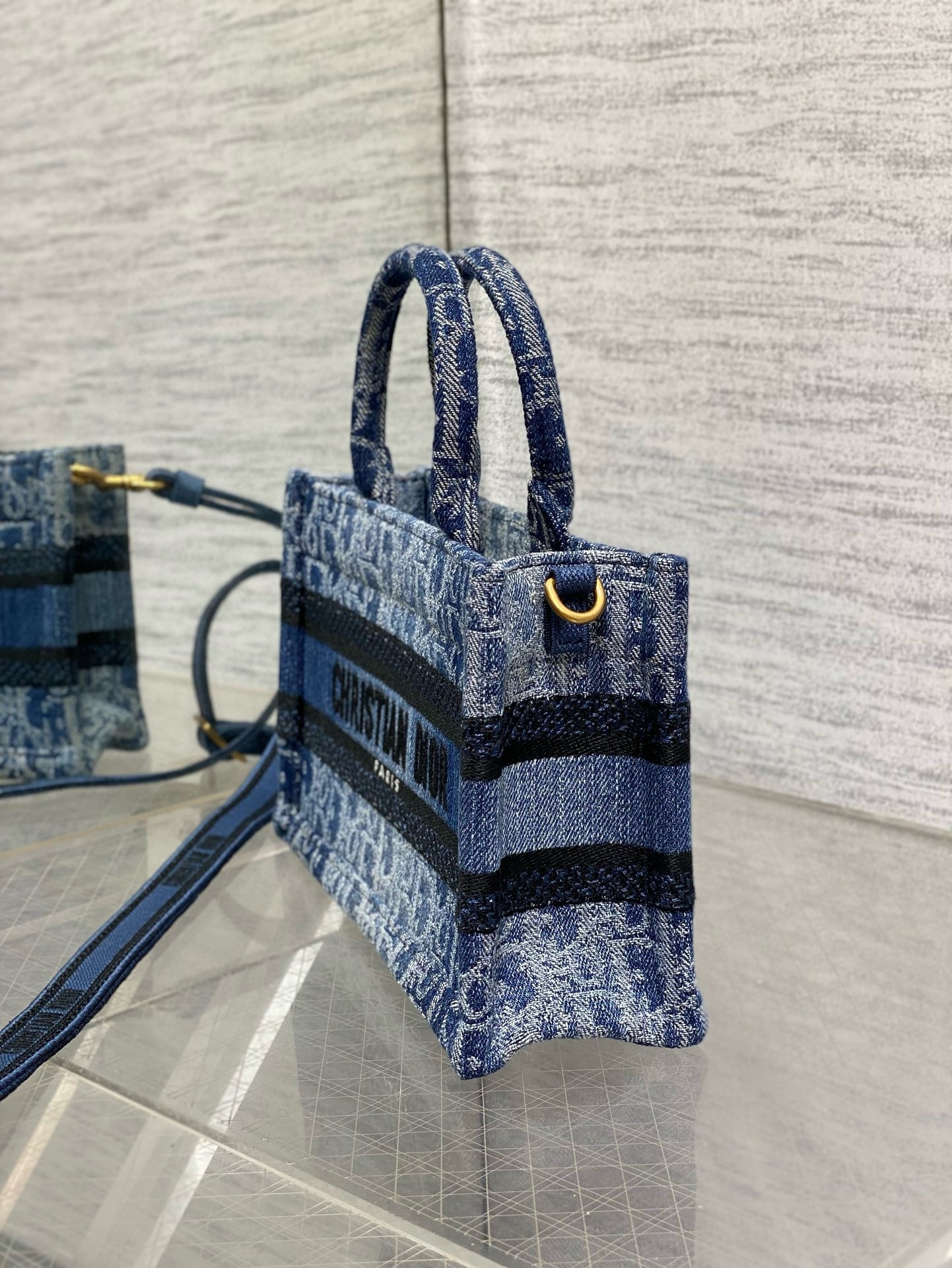 d*or mini book tote with strap in blue De*1m oblique jacquard