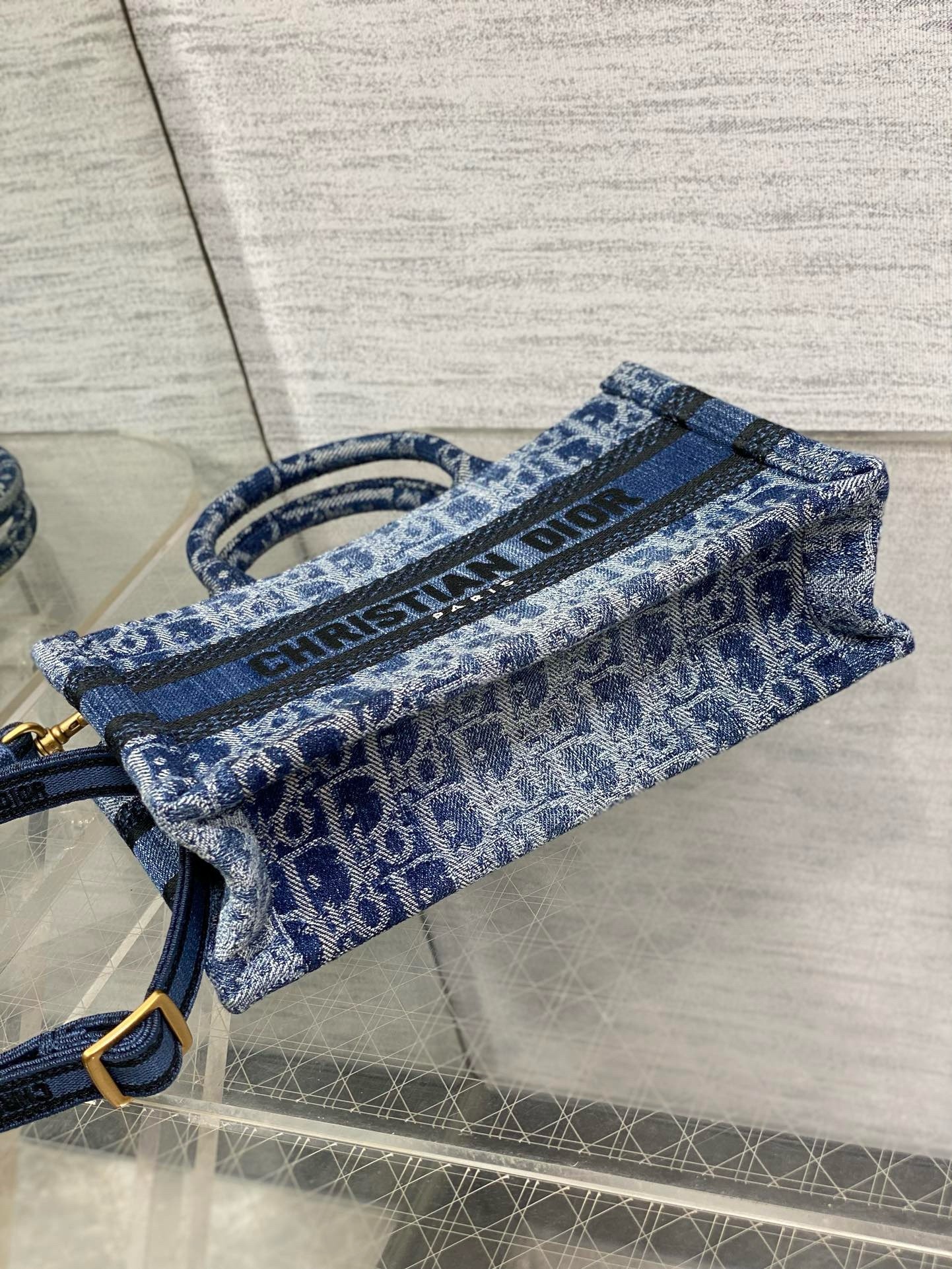d*or mini book tote with strap in blue De*1m oblique jacquard