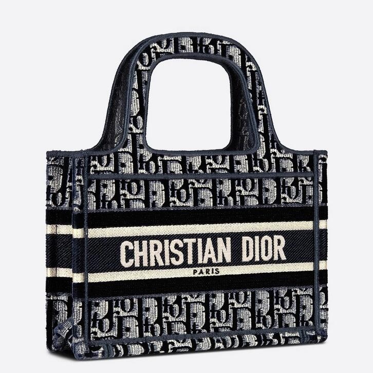 D*or mini book tote bag in blue D*or oblique embroidered velvet