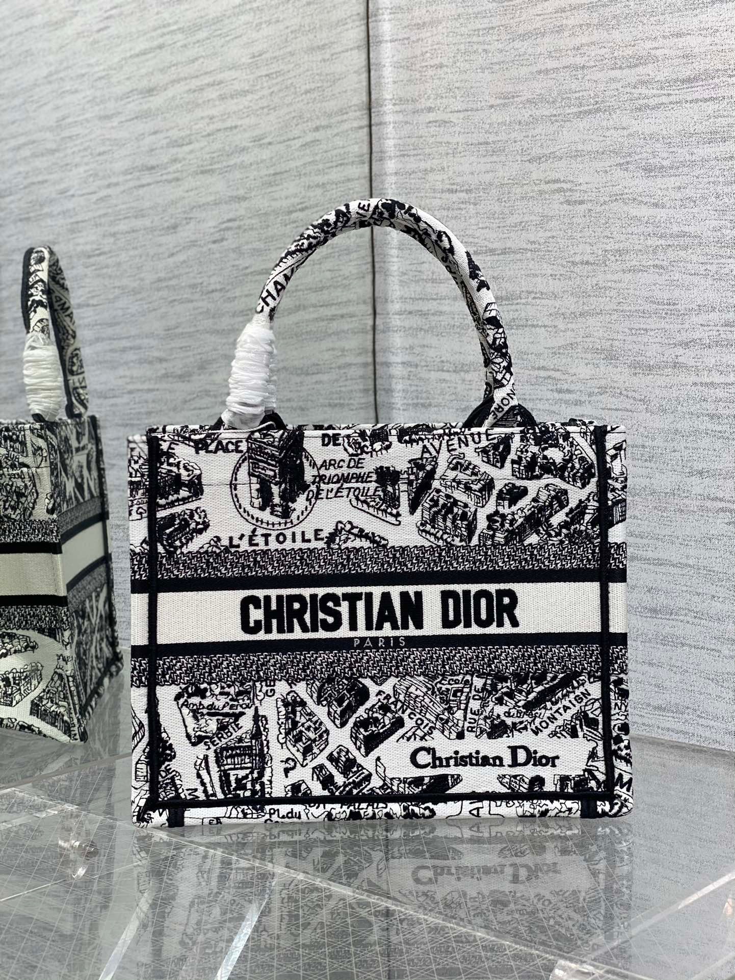 D*or small book tote bag in white plan de paris embroidery
