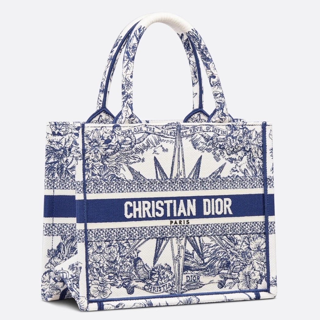 D*or small book tote bag in white & blue rêve d''infini embroidery