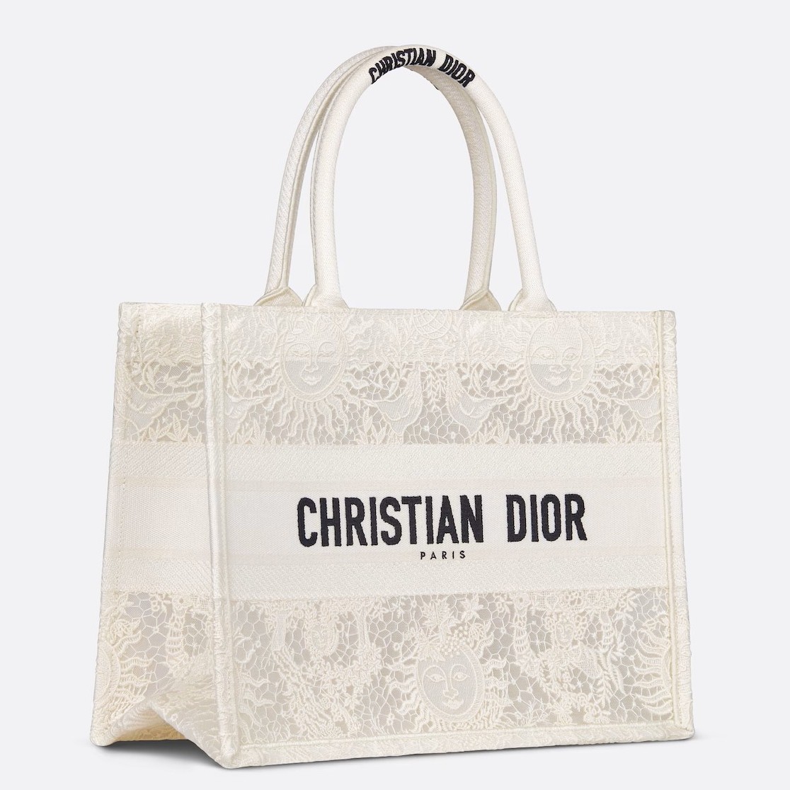 D*or medium book tote bag in white toile de jouy soleil macramé embroidery