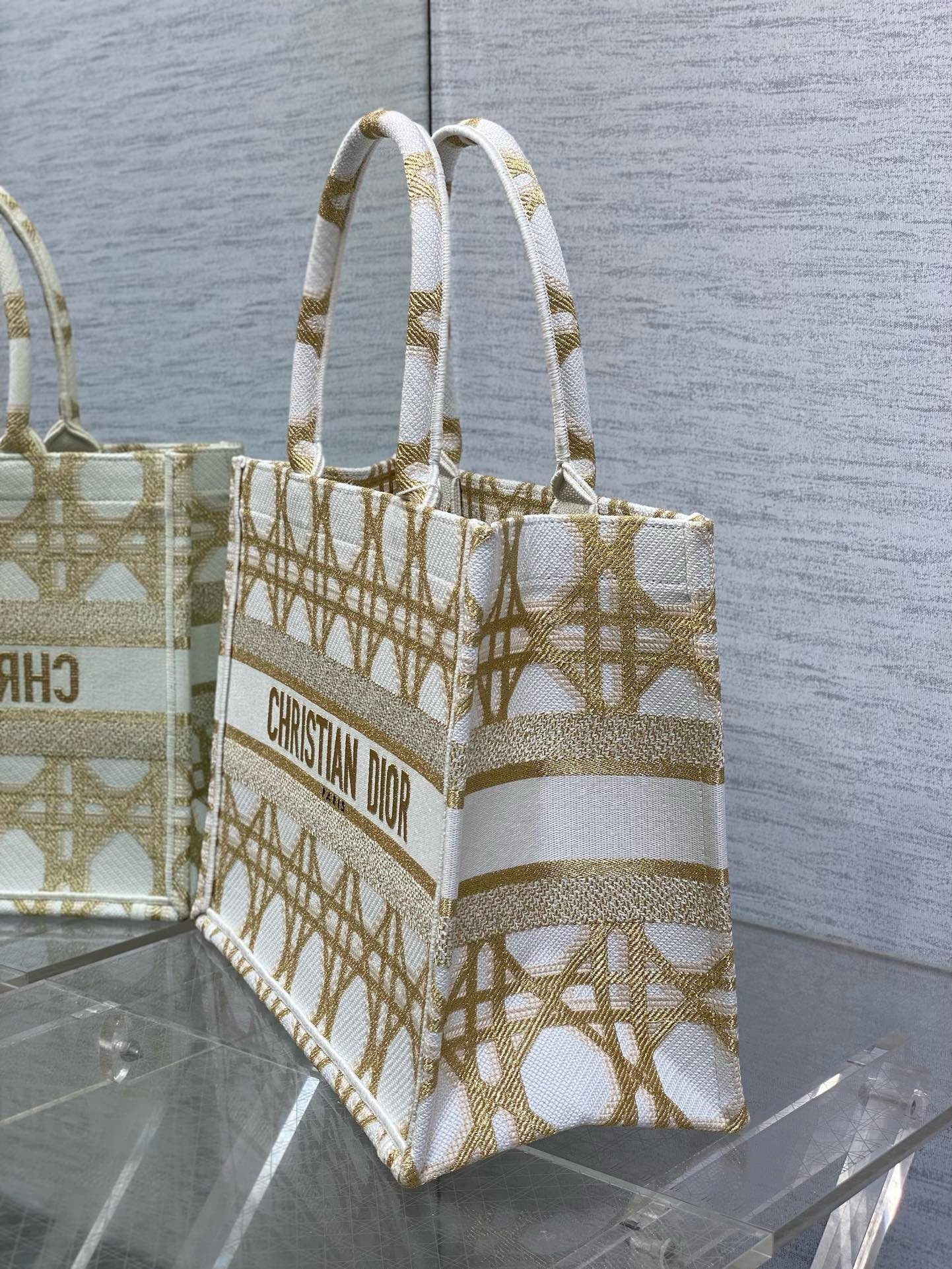D*or medium book tote bag in white and gold macrocannage embroidery