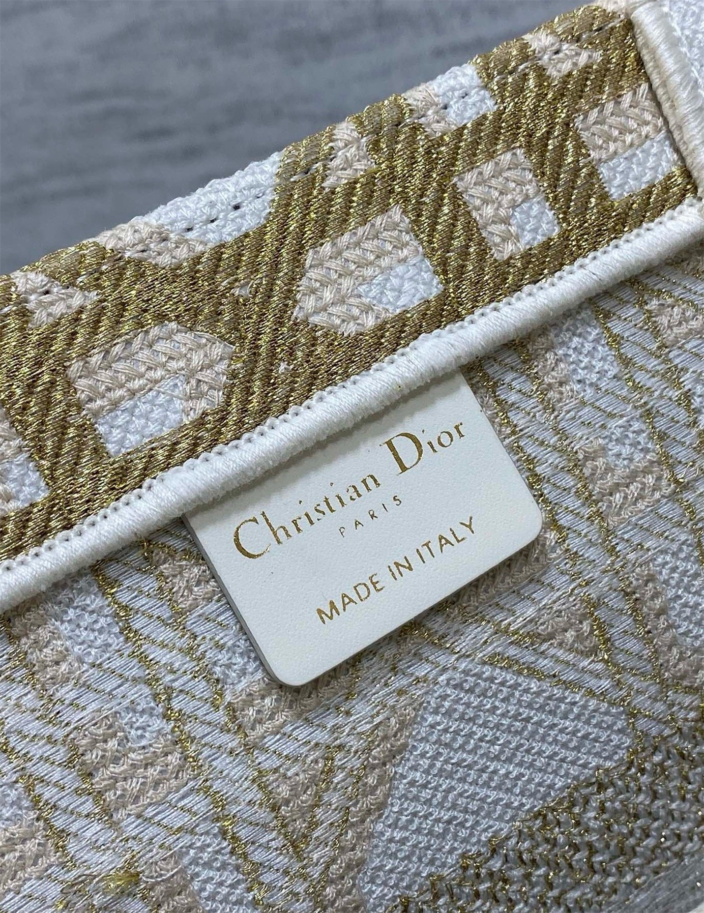 D*or medium book tote bag in white and gold macrocannage embroidery
