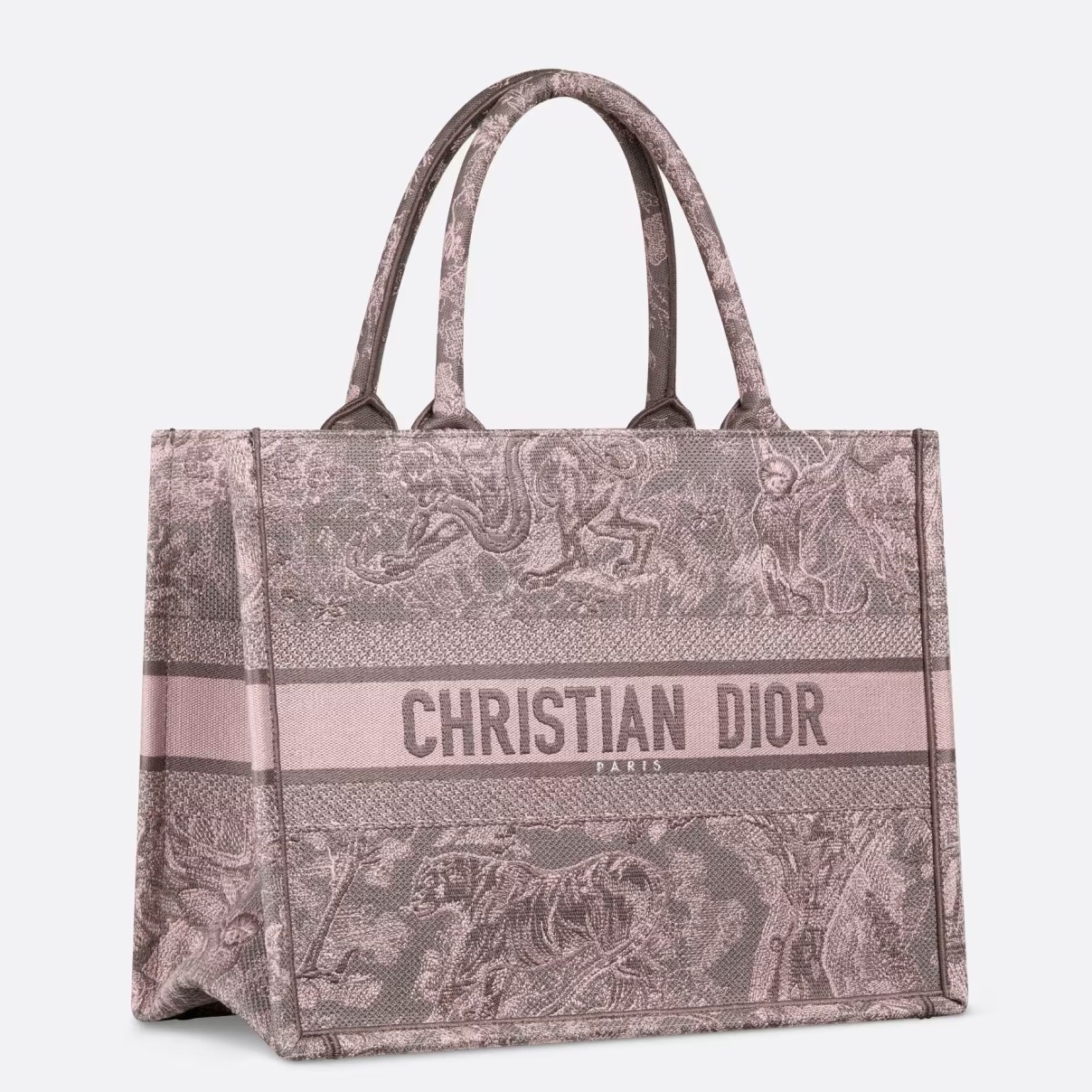 D*or medium book tote bag in grey and pink toile de jouy reverse embroidery