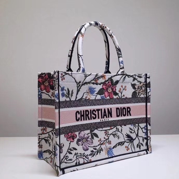 D*or small book tote in multicolor rosa mutabilis embroidery
