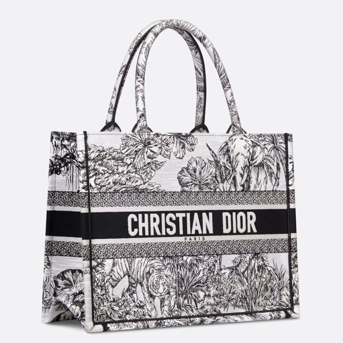 D*or medium book tote bag in white toile de jouy voyage embroidery