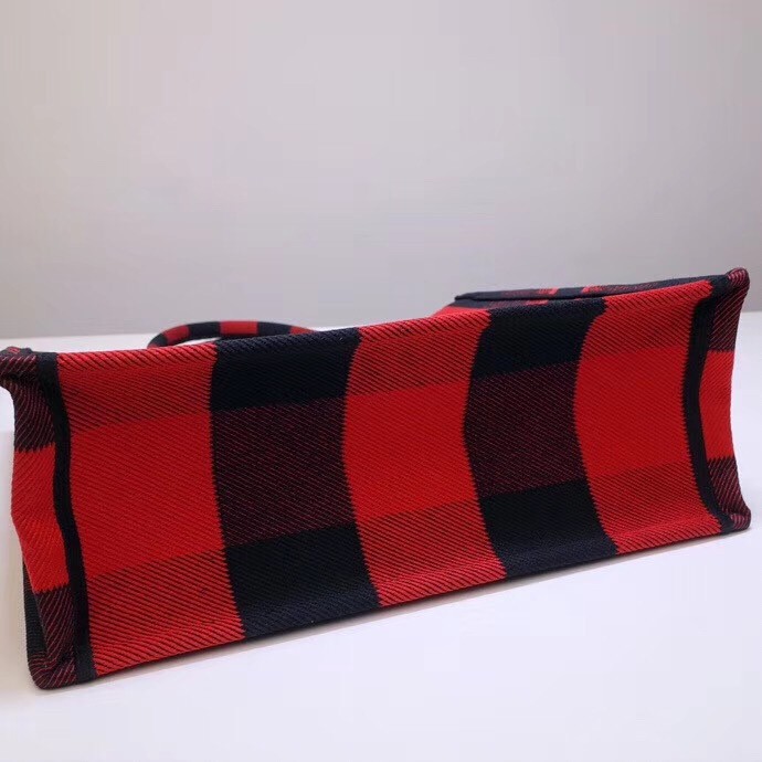 D*or book tote bag in red/black check embroidered canvas