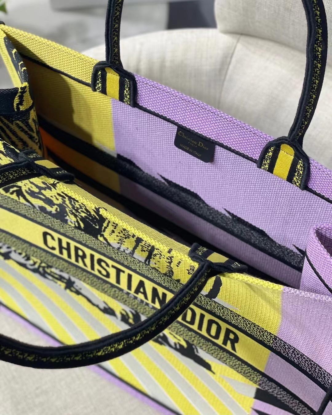 D*or large book tote bag in yellow d-jungle pop embroidery