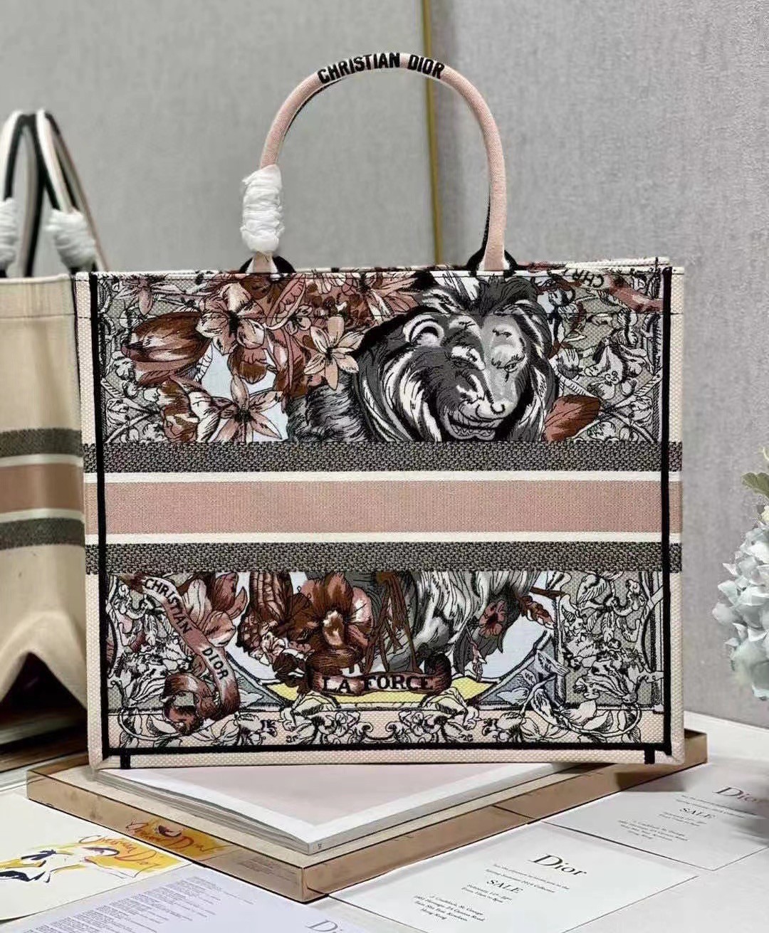 D*or book tote bag in multicolor la force embroidery