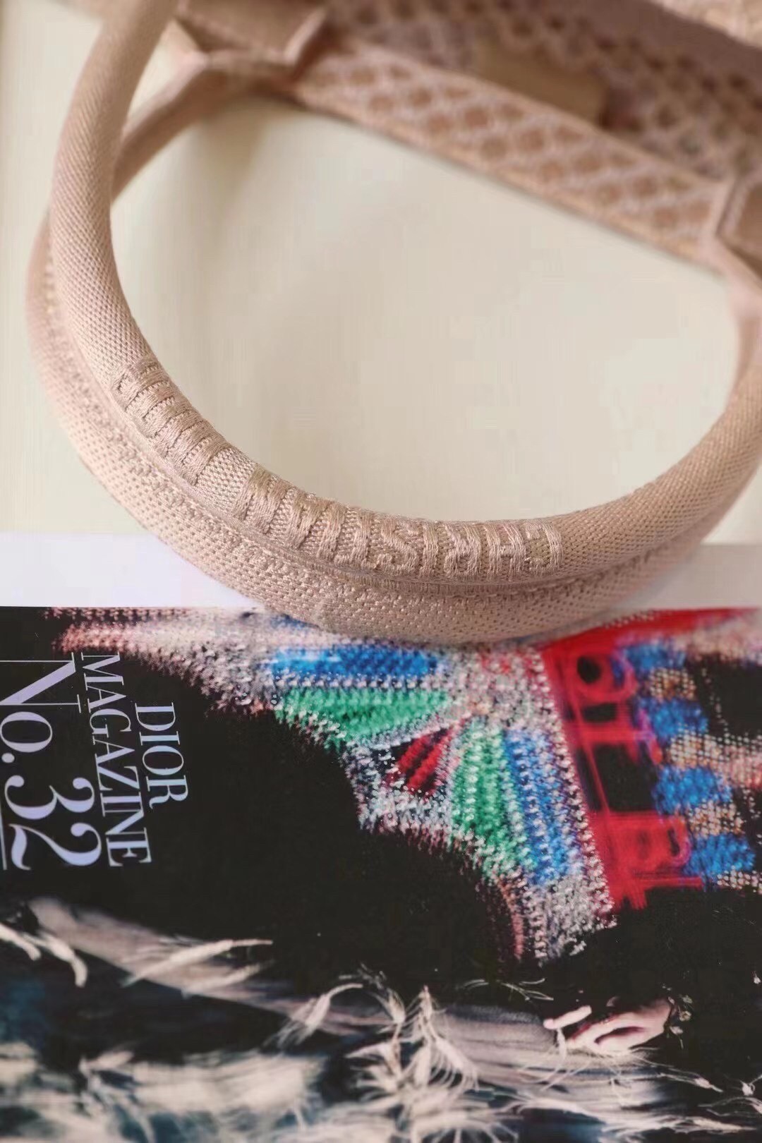 D*or book tote bag in beige mesh embroidery