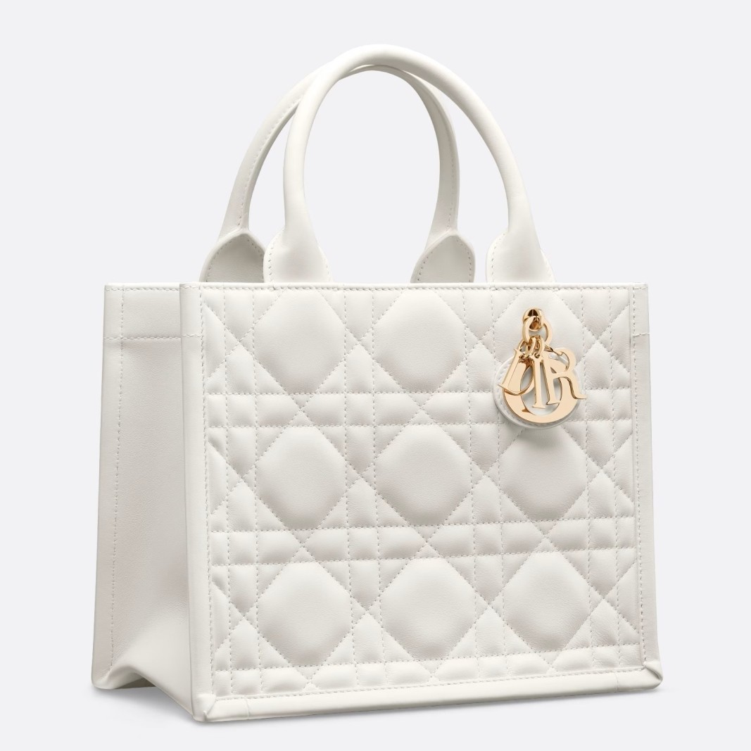 D*or small book tote bag with strap in white macrocannage calfskin