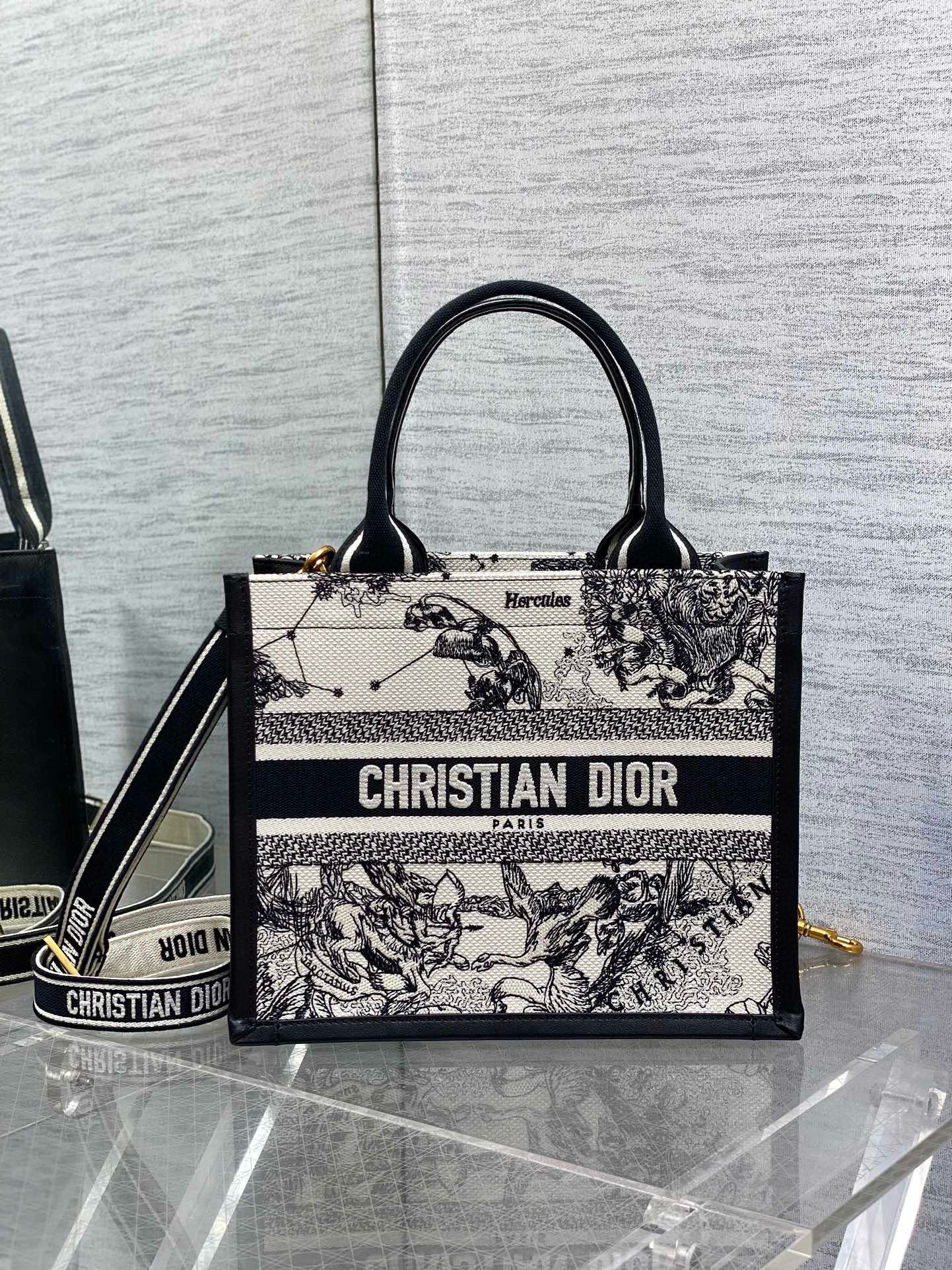 D*or small book tote bag with strap in zodiac embroidery and black calfskin