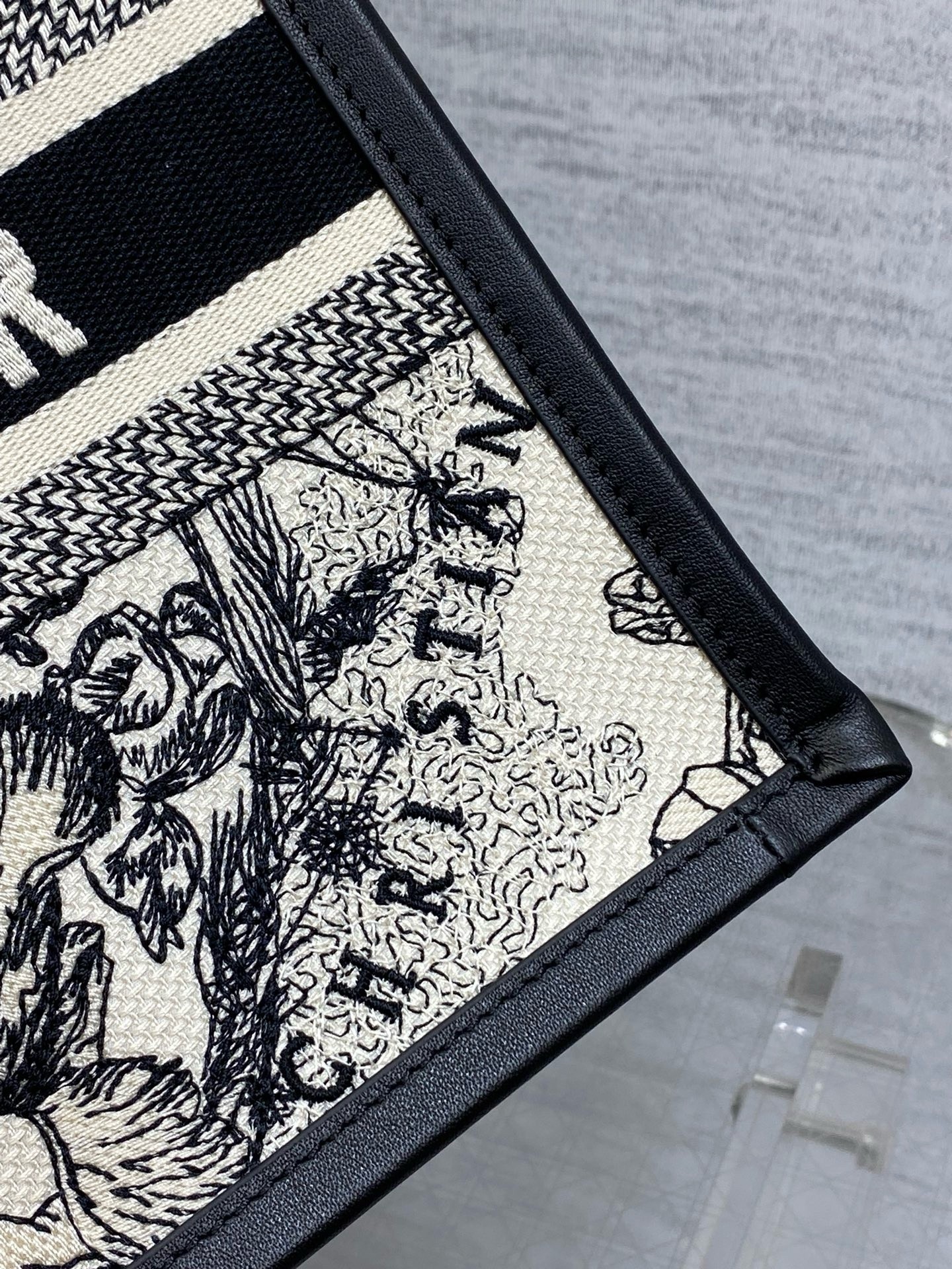 D*or small book tote bag with strap in zodiac embroidery and black calfskin