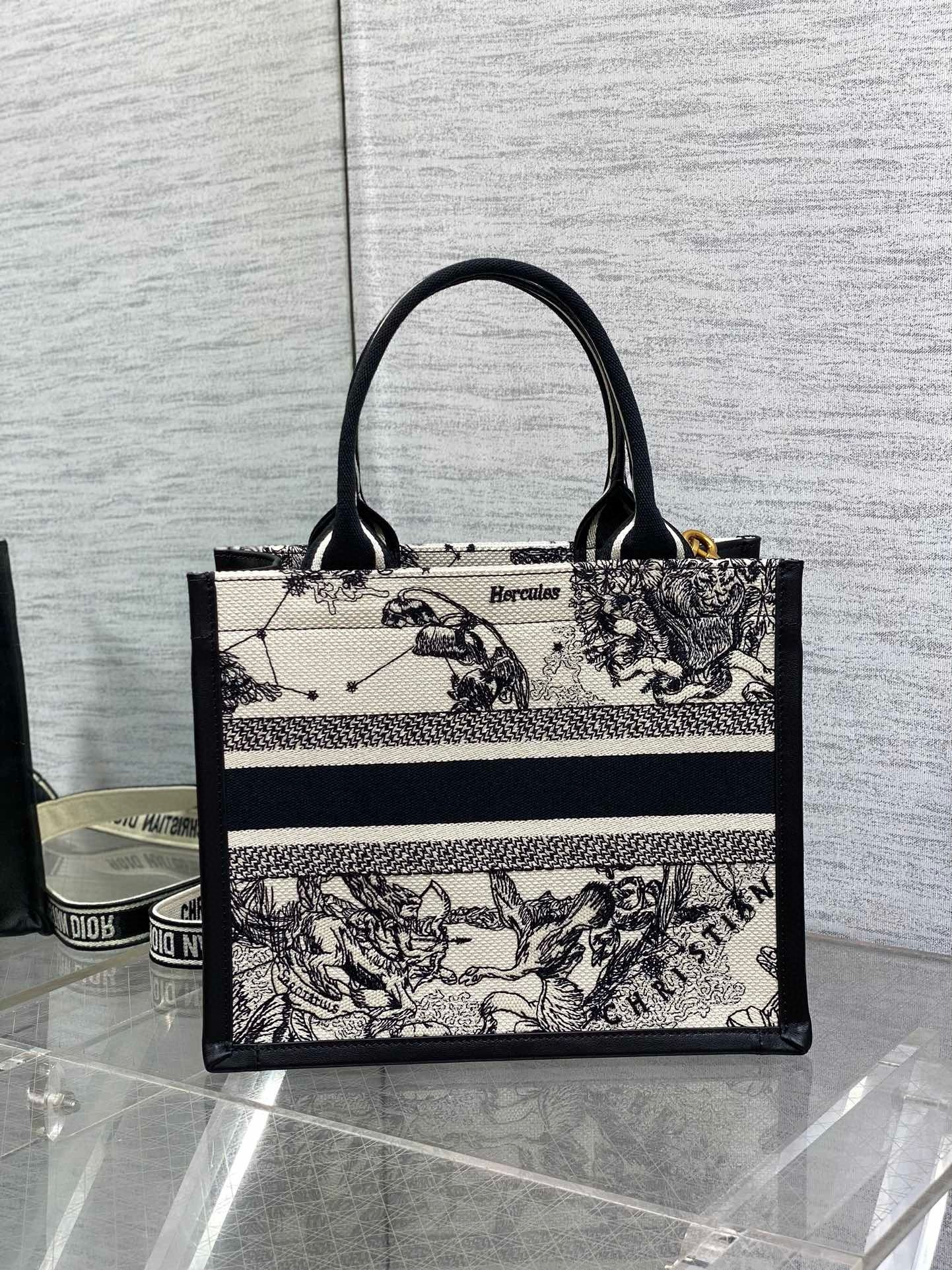 D*or small book tote bag with strap in zodiac embroidery and black calfskin