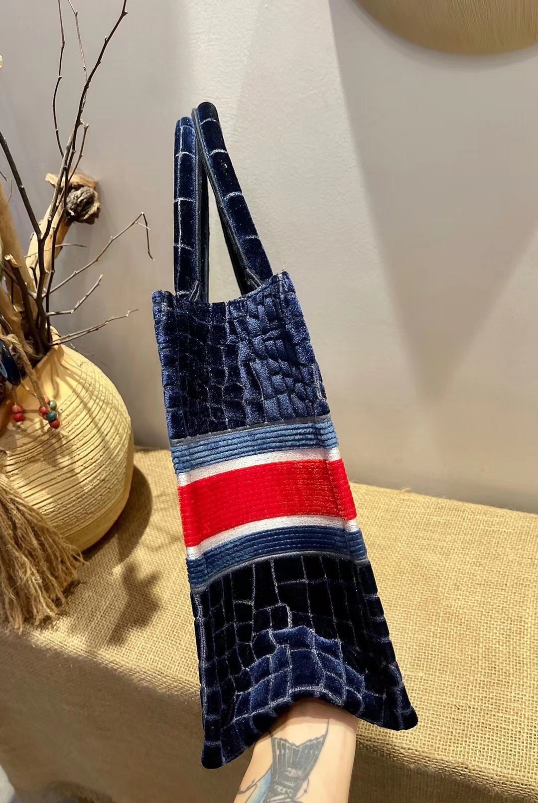 D*or book tote in blue crocodile-effect embroidered velvet