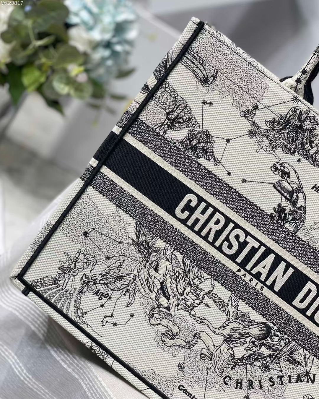 D*or large book tote bag in white toile de jouy zodiac embroidery