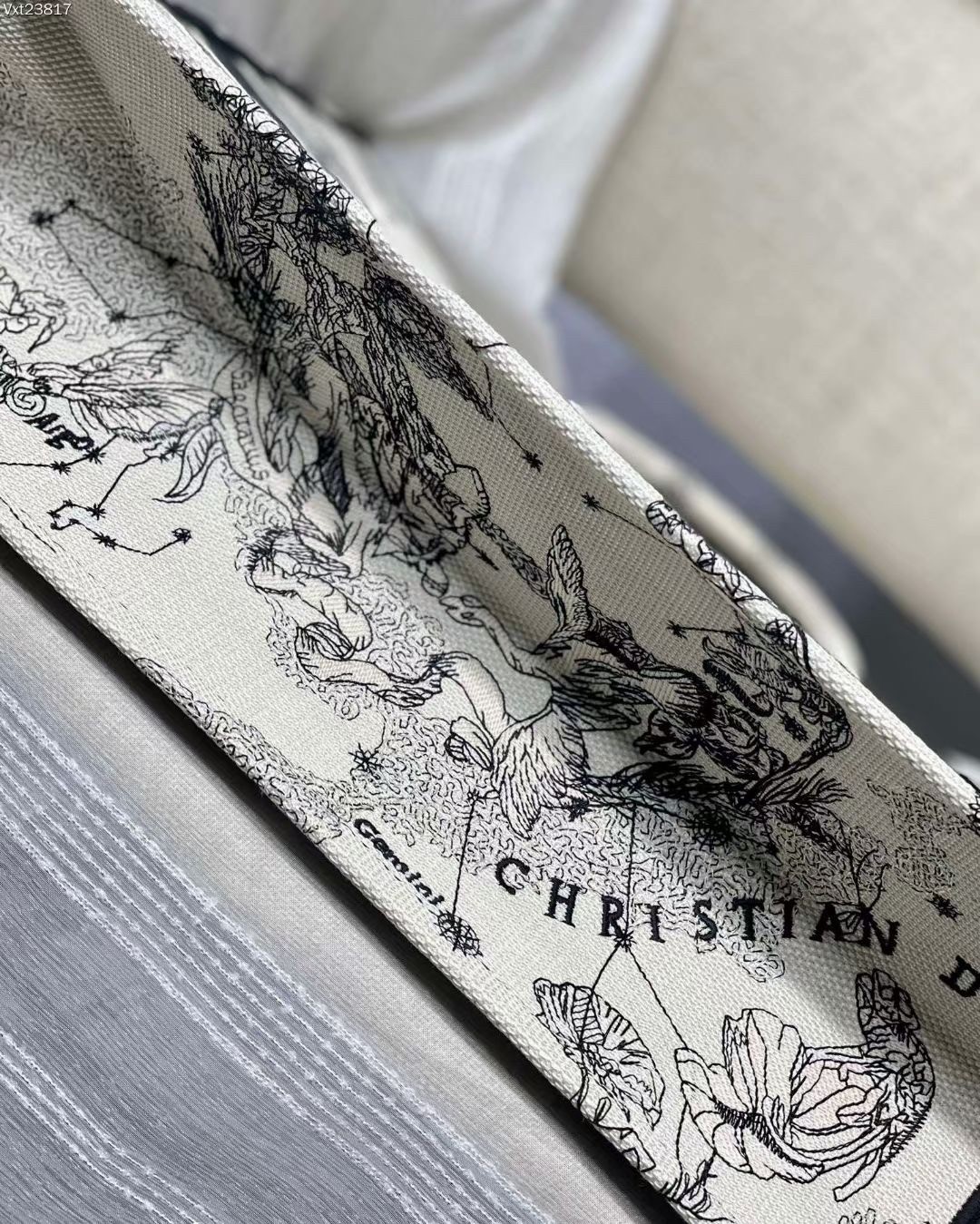 D*or large book tote bag in white toile de jouy zodiac embroidery