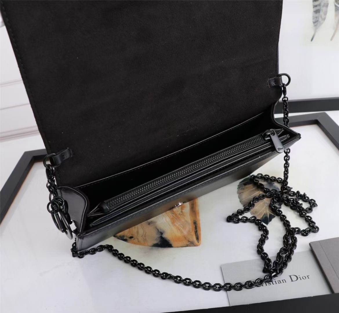 d*or lady d*or pouch in black Di*m*nd calfskin