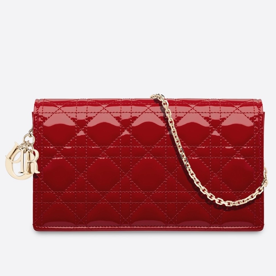 D*or lady D*or clutch with chain in red patent calfskin