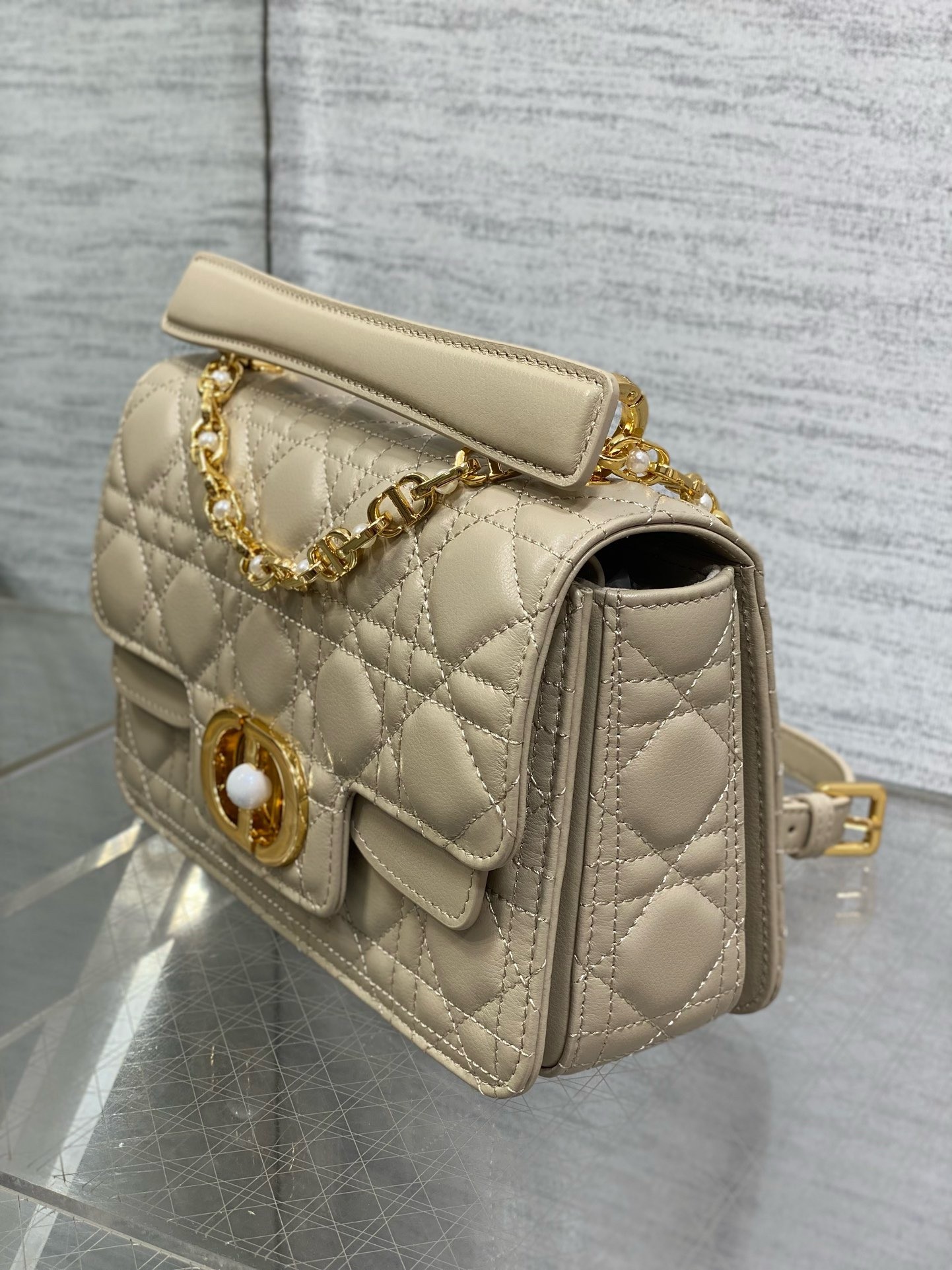 D*or small jolie top handle bag in beige cannage calfskin