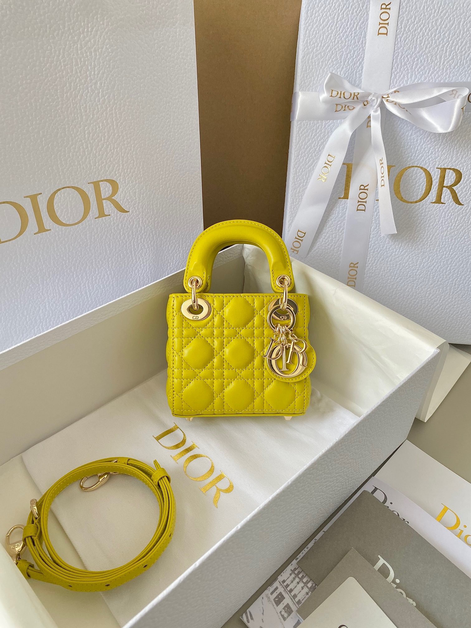 D*or lady D*or micro bag in yellow cannage lambskin