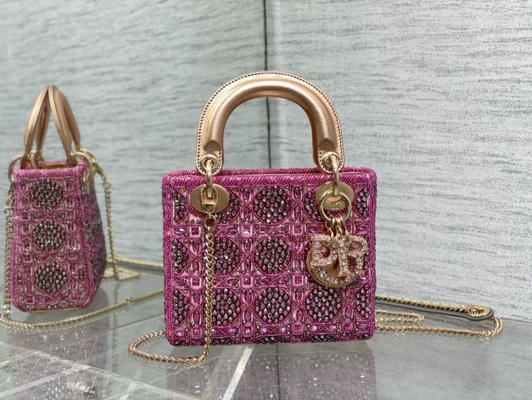 D*or lady D*or mini chain bag in satin with pink resin pearl embroidery