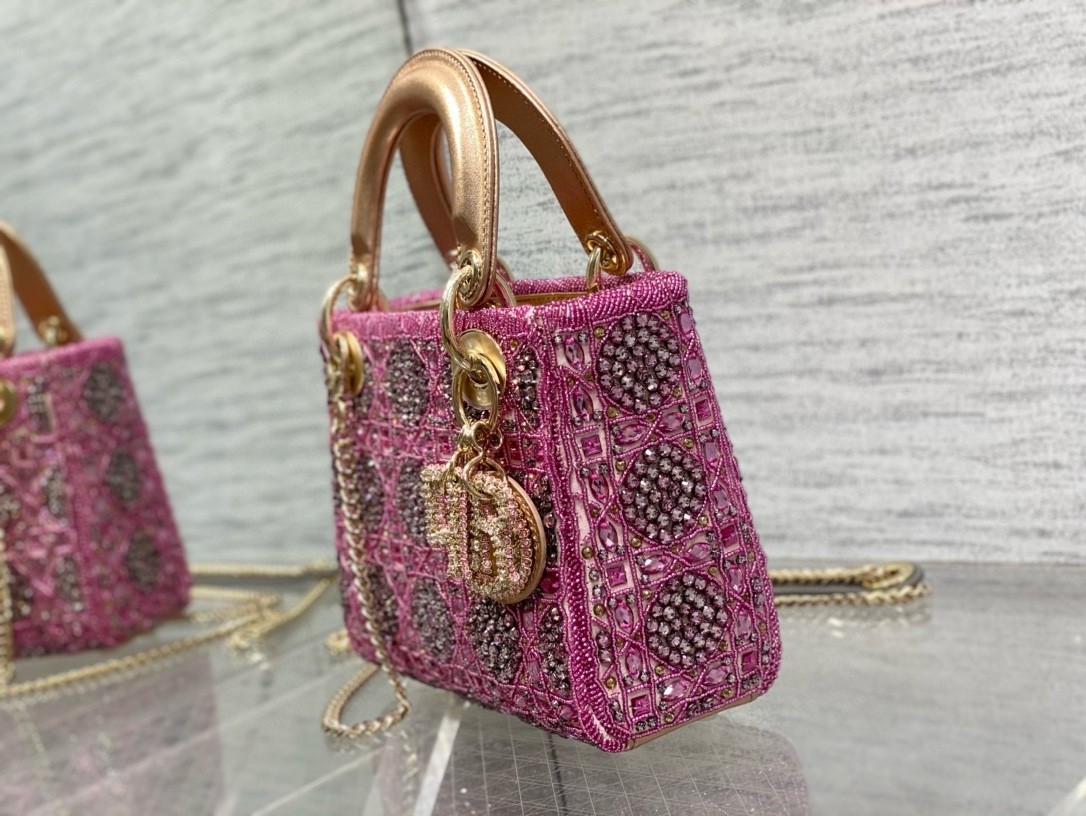 D*or lady D*or mini chain bag in satin with pink resin pearl embroidery