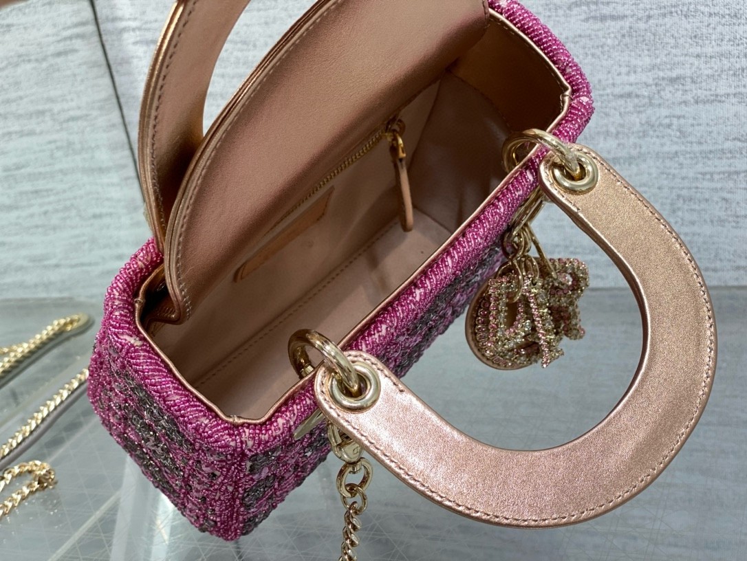 D*or lady D*or mini chain bag in satin with pink resin pearl embroidery