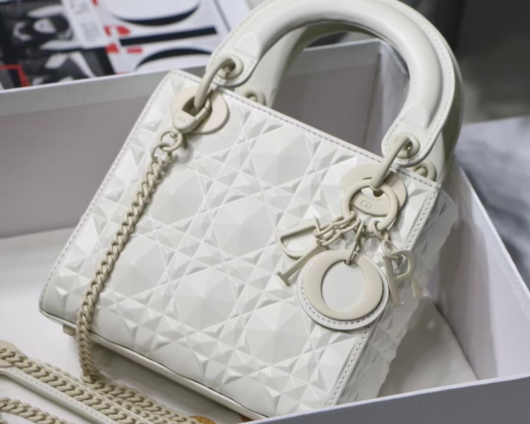 d*or lady d*or mini bag in white calfskin with Di*m*nd motif