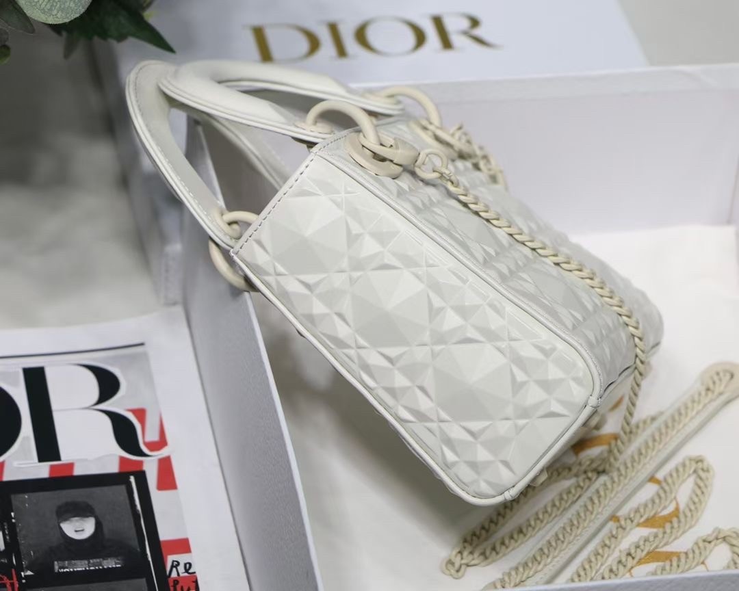 d*or lady d*or mini bag in white calfskin with Di*m*nd motif