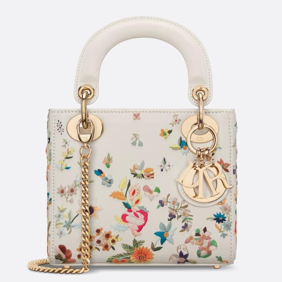 D*or lady D*or mini bag in white calfskin with multicolor small flowers
