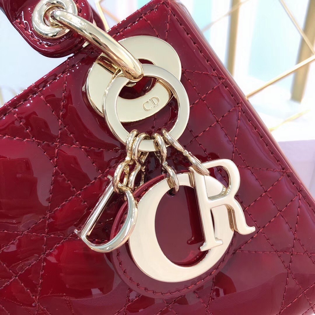 D*or mini lady D*or bag in red patent calfskin