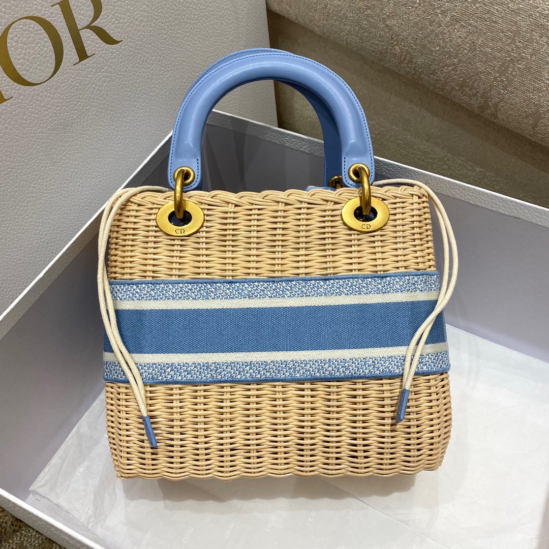 D*or medium lady D*or bag in wicker and light blue oblique jacquard