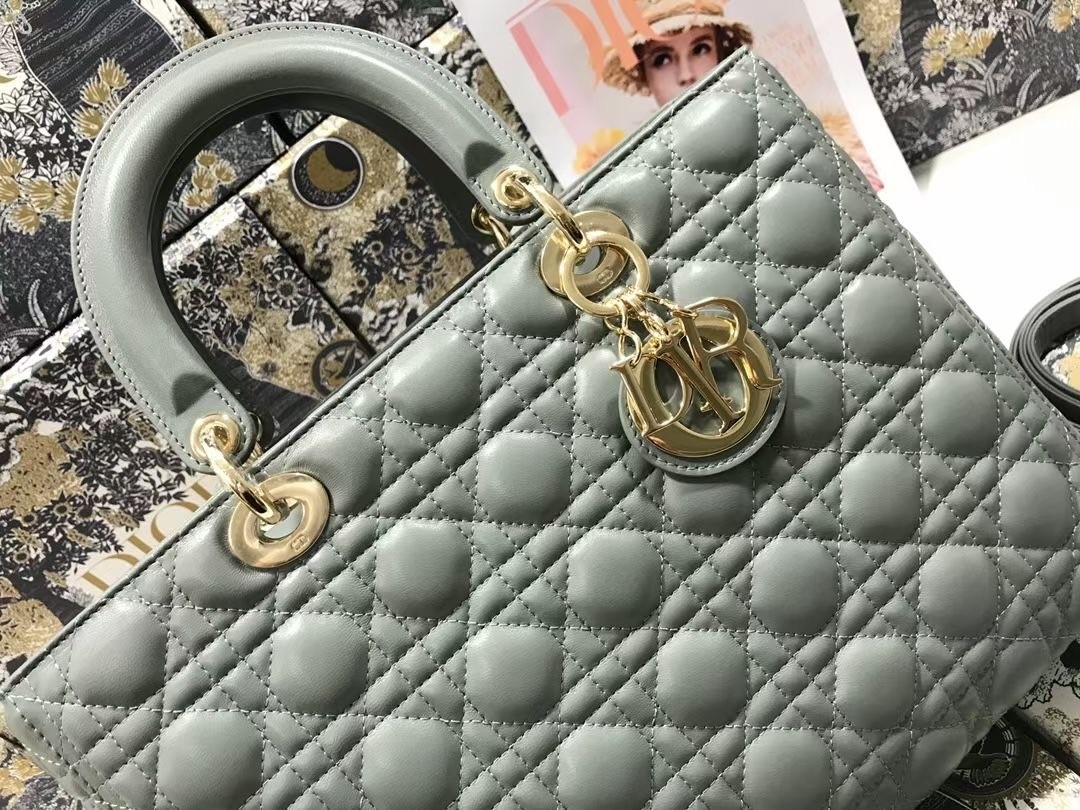 D*or large lady D*or bag in grey cannage lambskin