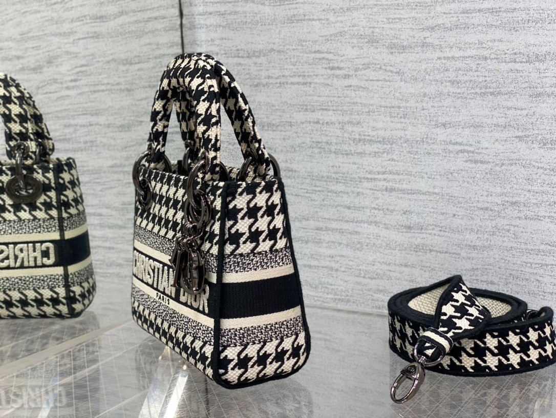 D*or mini lady d-lite bag in black and white houndstooth embroidery
