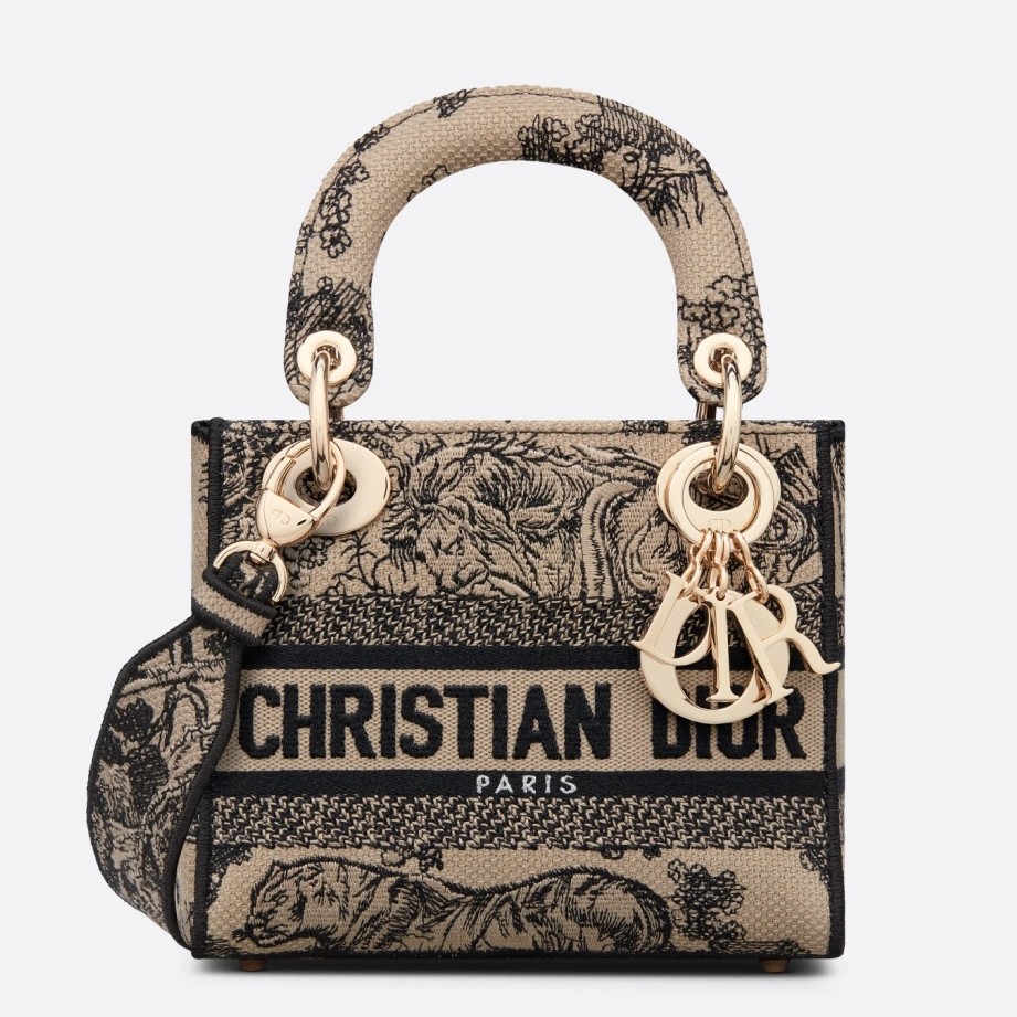 D*or mini lady d-lite bag in brown toile de jouy embroidery