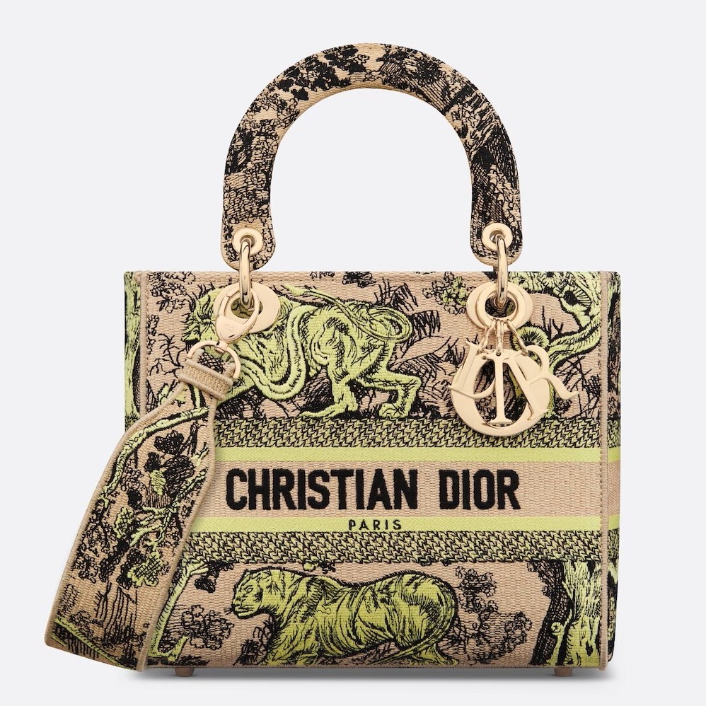 D*or D*oriviera lady d-lite medium bag in raffia with lime toile de jouy sauvage embroidery