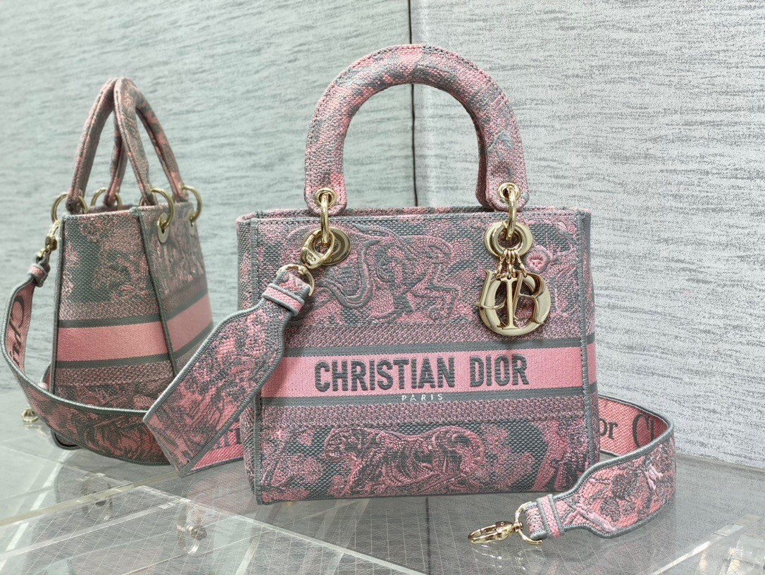 D*or lady d-lite medium bag in grey and pink toile de jouy reverse embroidery